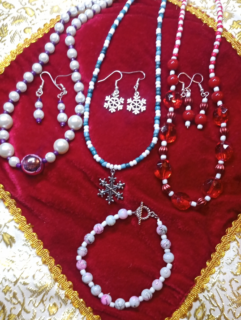 Bundle Of Handmade Beaded Necklace and Earring Sets - Red, Blue, Pink